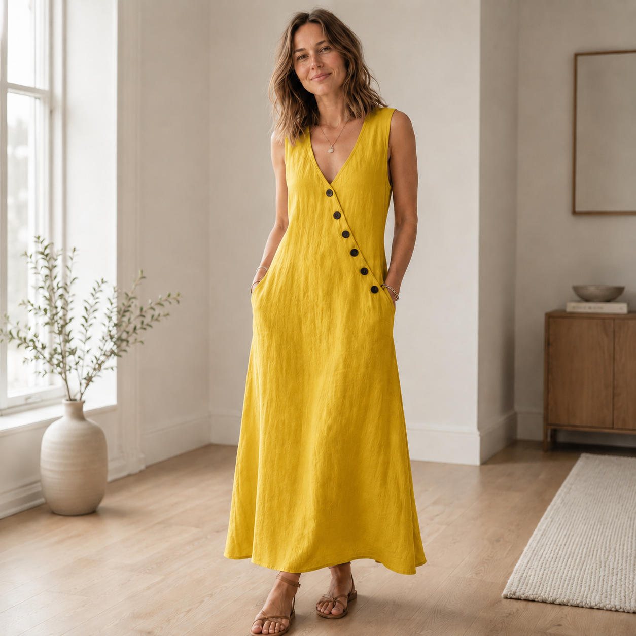Maxi-jurk Ines – Mouwloos met diepe V-hals
