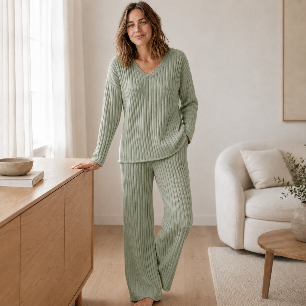 Loungewear-set Elin – Rib gebreid met V-hals