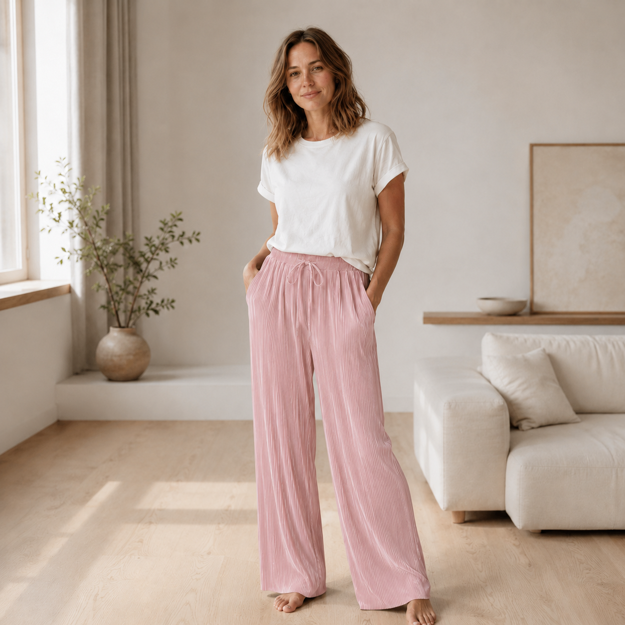 Plissébroek Yara – Wijde pijp in ijszijde-look