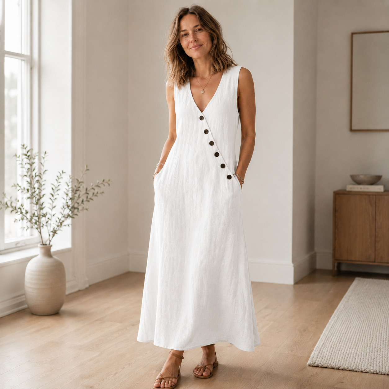 Maxi-jurk Ines – Mouwloos met diepe V-hals