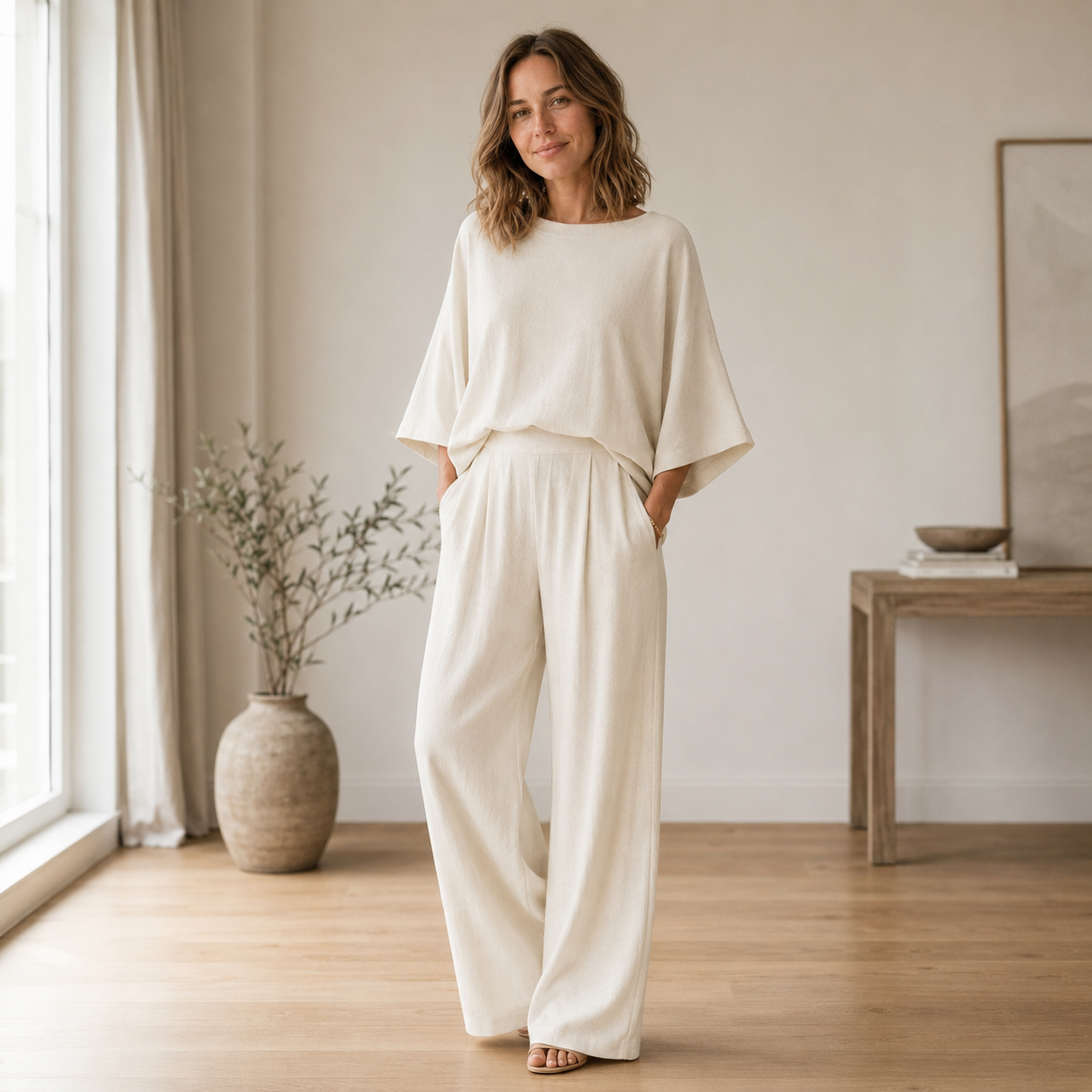 Loungewear-set Signe – Vloeiende blouse & wijde broek