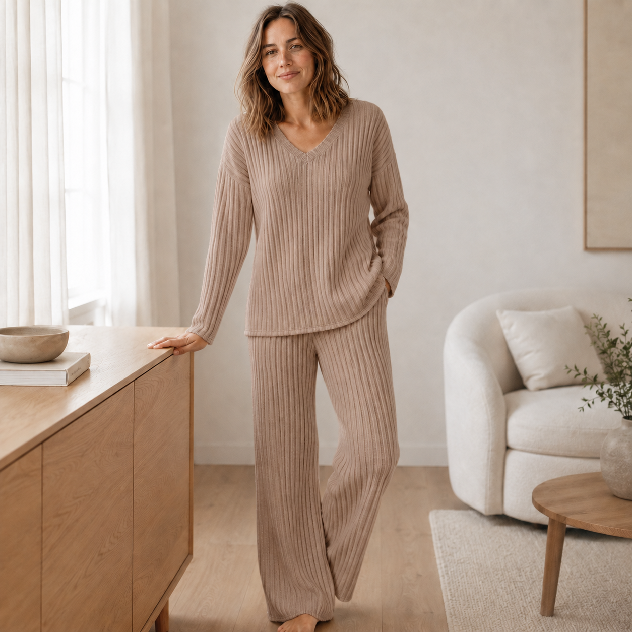 Loungewear-set Elin – Rib gebreid met V-hals
