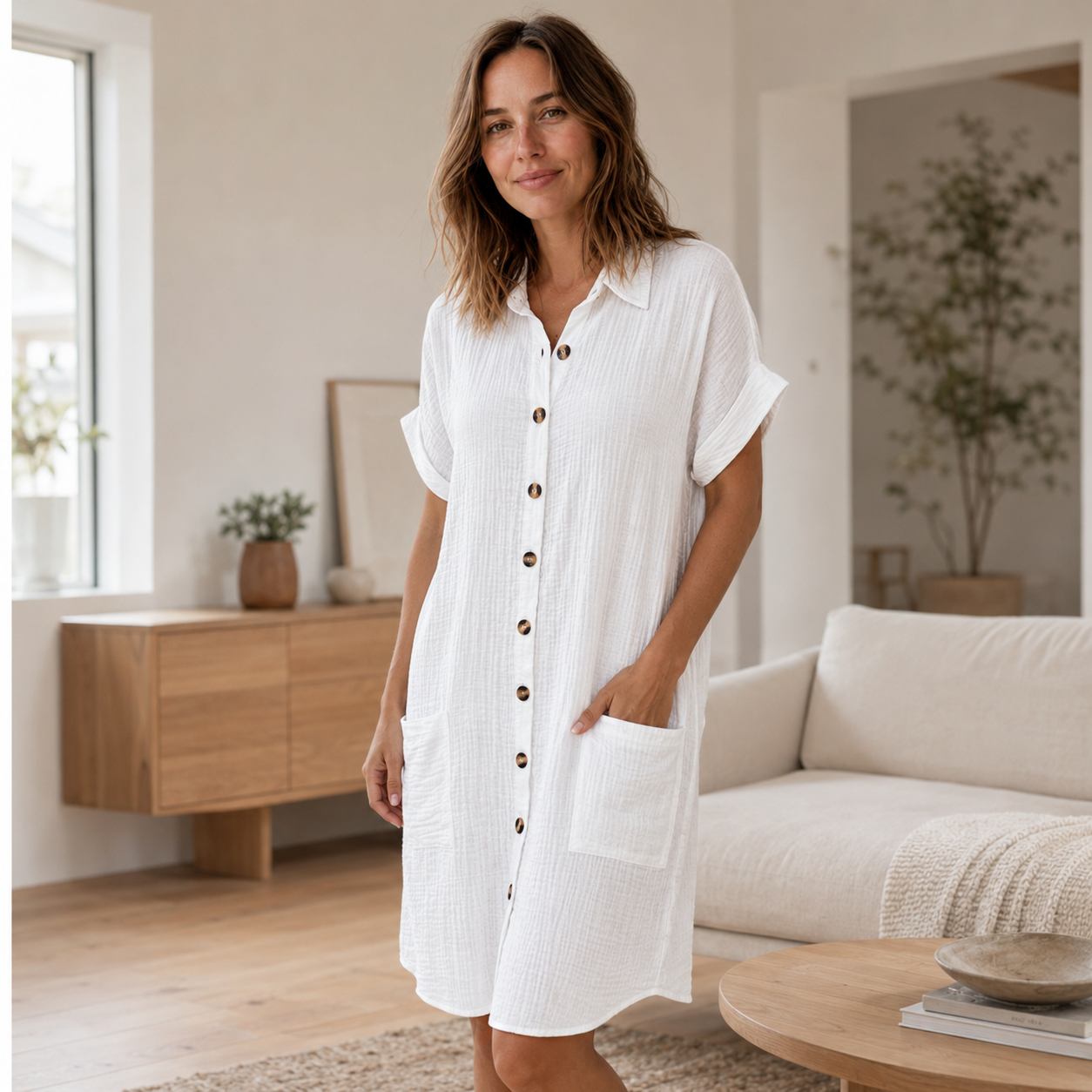 Mousseline blousejurk Edda – Doorgeknoopt met zakken