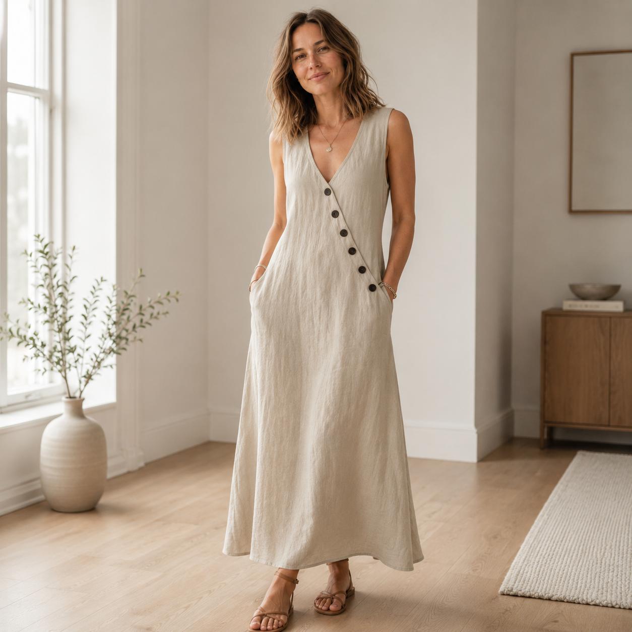 Maxi-jurk Ines – Mouwloos met diepe V-hals