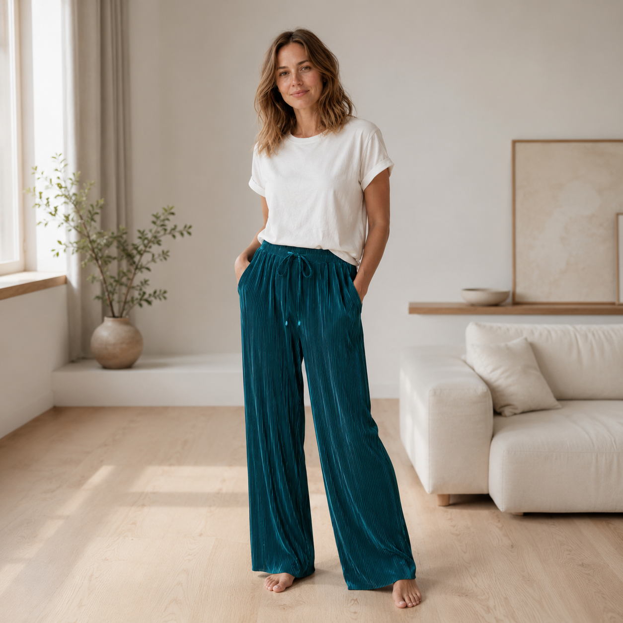 Plissébroek Yara – Wijde pijp in ijszijde-look