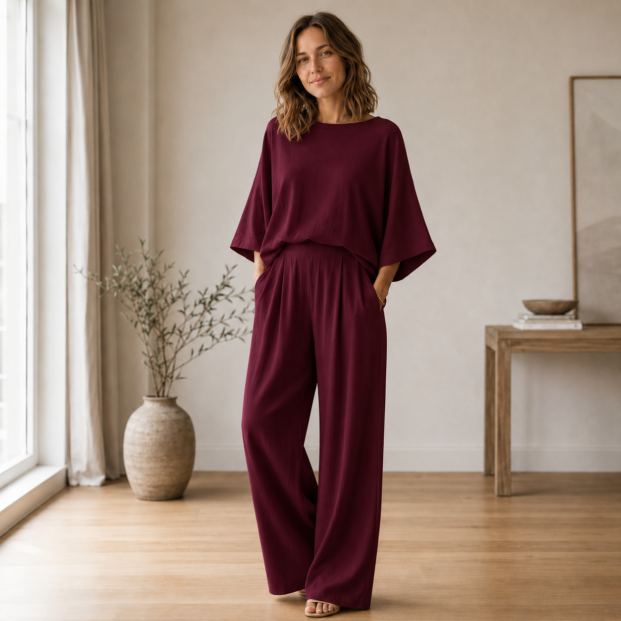 Loungewear-set Signe – Vloeiende blouse & wijde broek