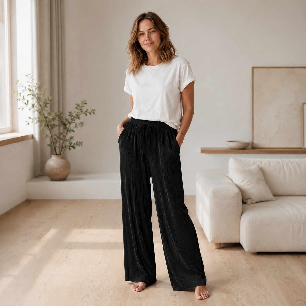 Plissébroek Yara – Wijde pijp in ijszijde-look