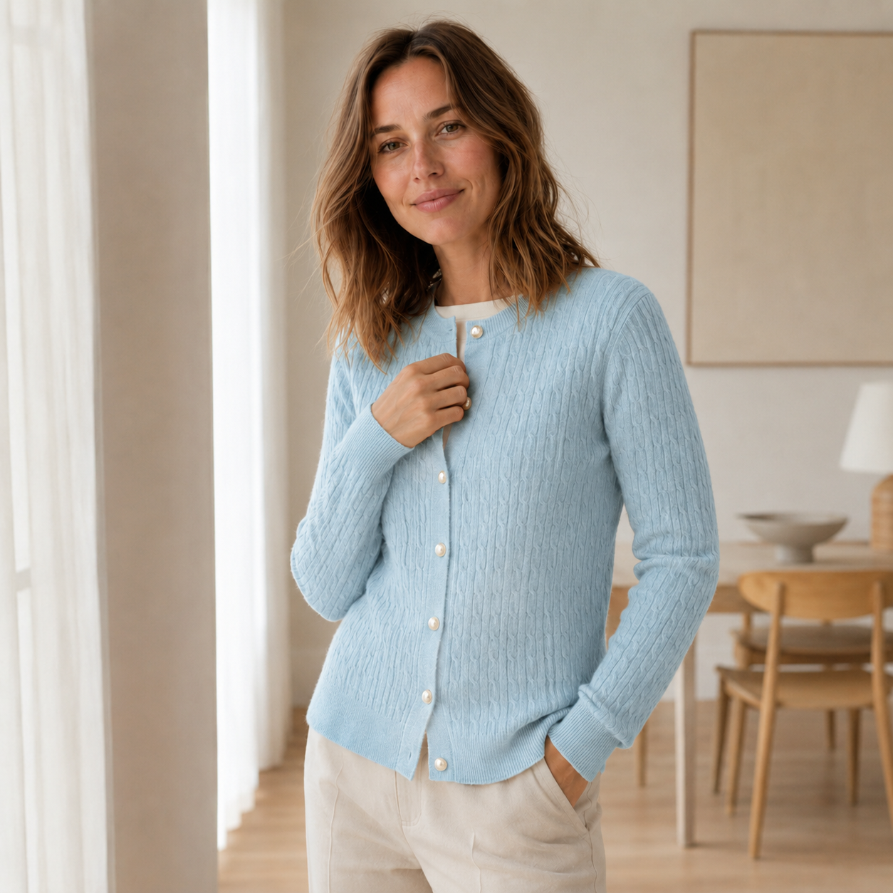 Fijngebreid vest Pia – Kabelmotief met knopenlijst