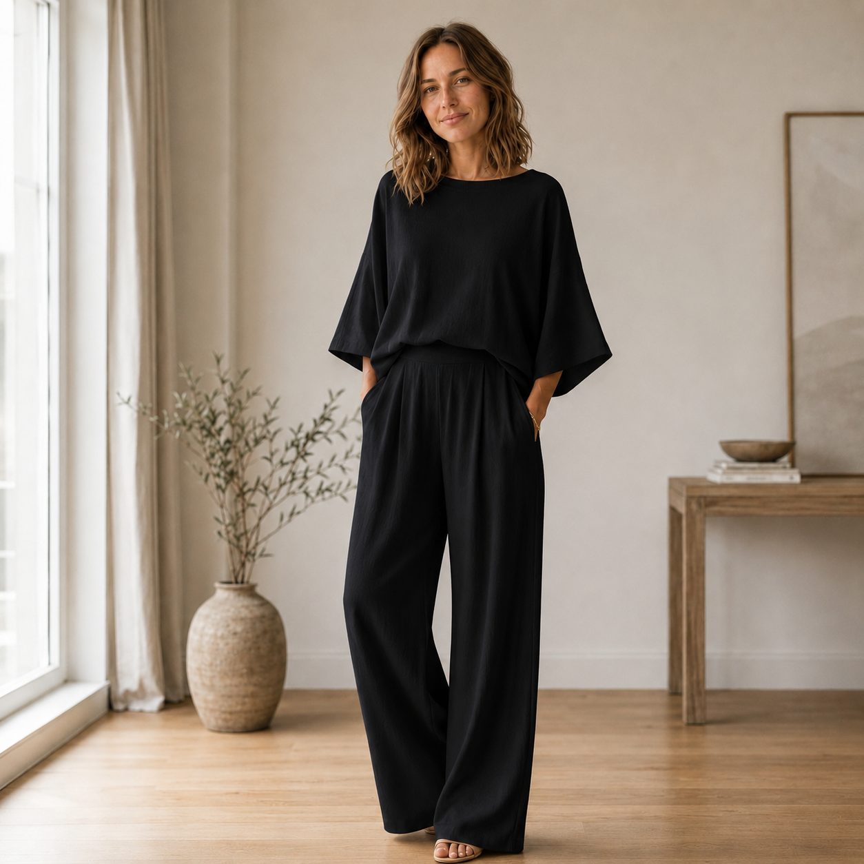 Loungewear-set Signe – Vloeiende blouse & wijde broek