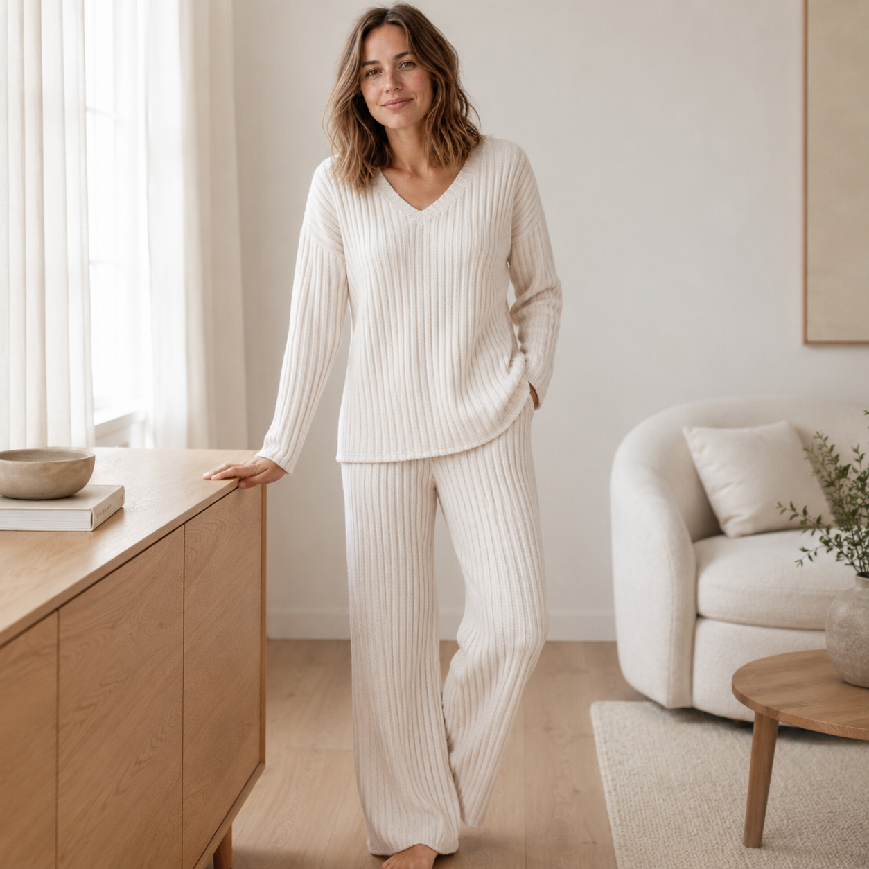 Loungewear-set Elin – Rib gebreid met V-hals