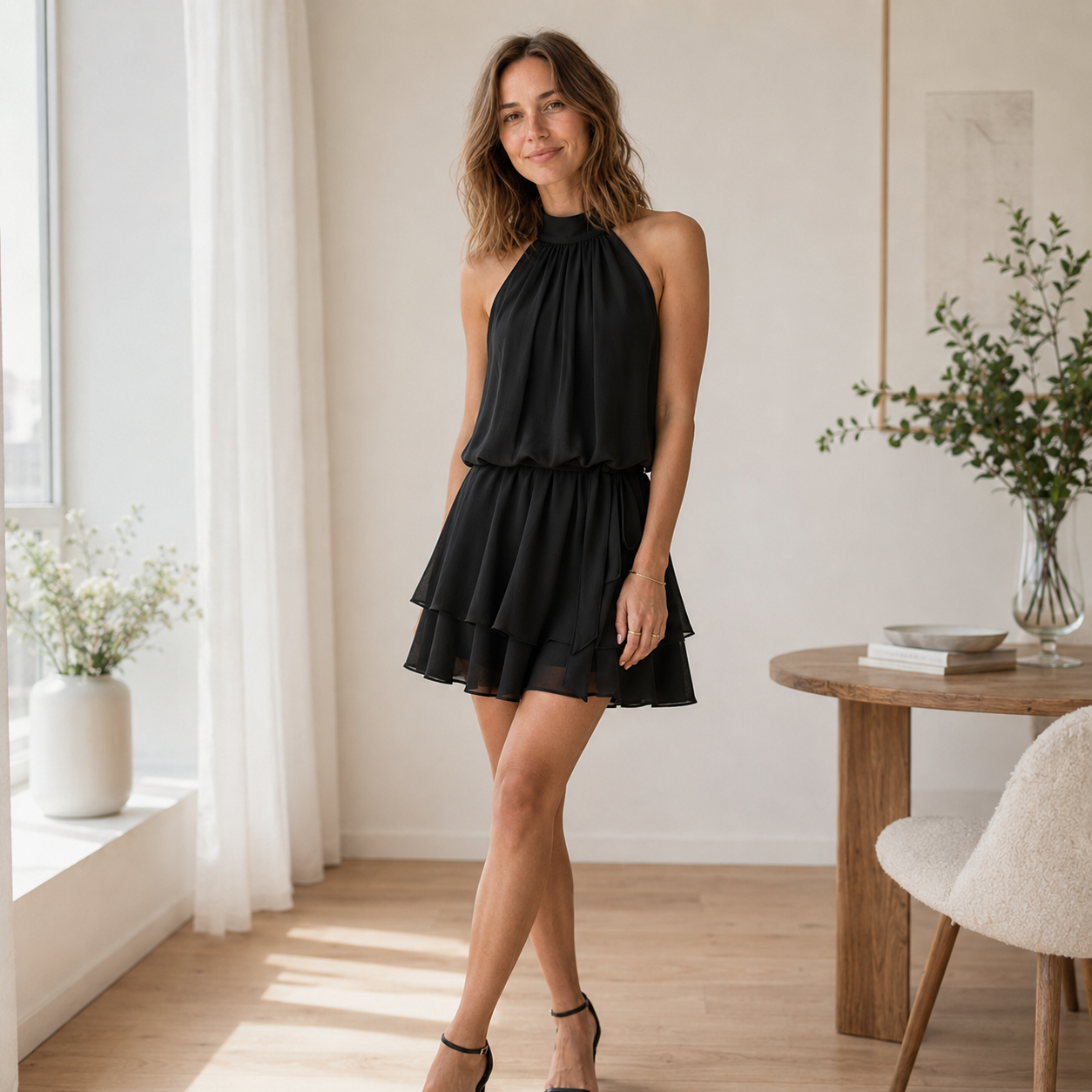 Rugvrije jurk Ingrid – Halter met volantzoom