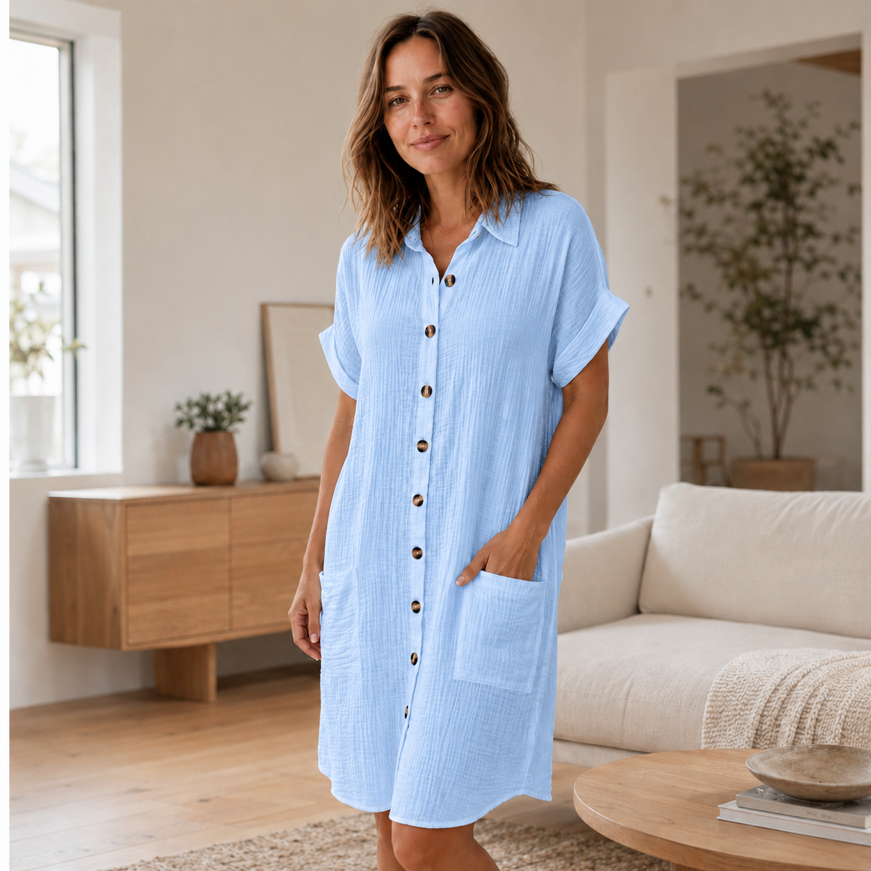 Mousseline blousejurk Edda – Doorgeknoopt met zakken