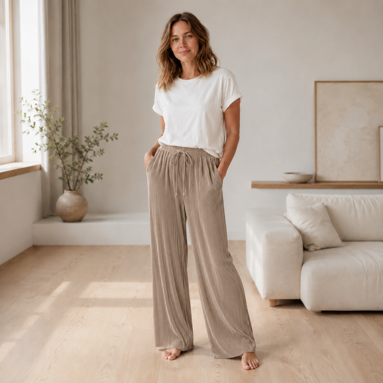 Plissébroek Yara – Wijde pijp in ijszijde-look
