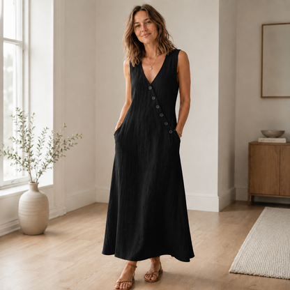 Maxi-jurk Ines – Mouwloos met diepe V-hals