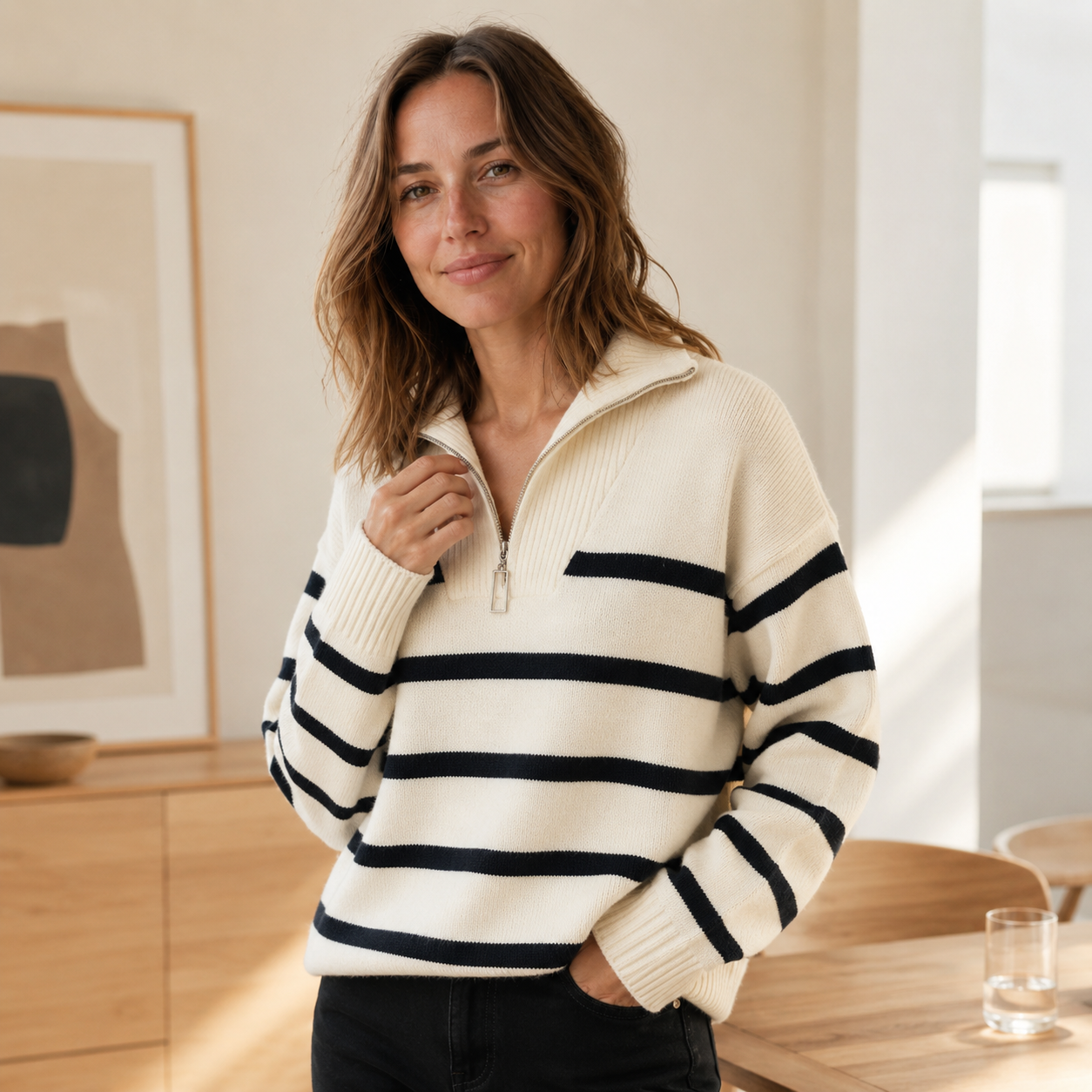 Troyer Anouk – Streep-gebreide trui met halfrits