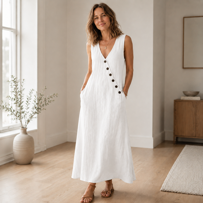 Maxi-jurk Ines – Mouwloos met diepe V-hals