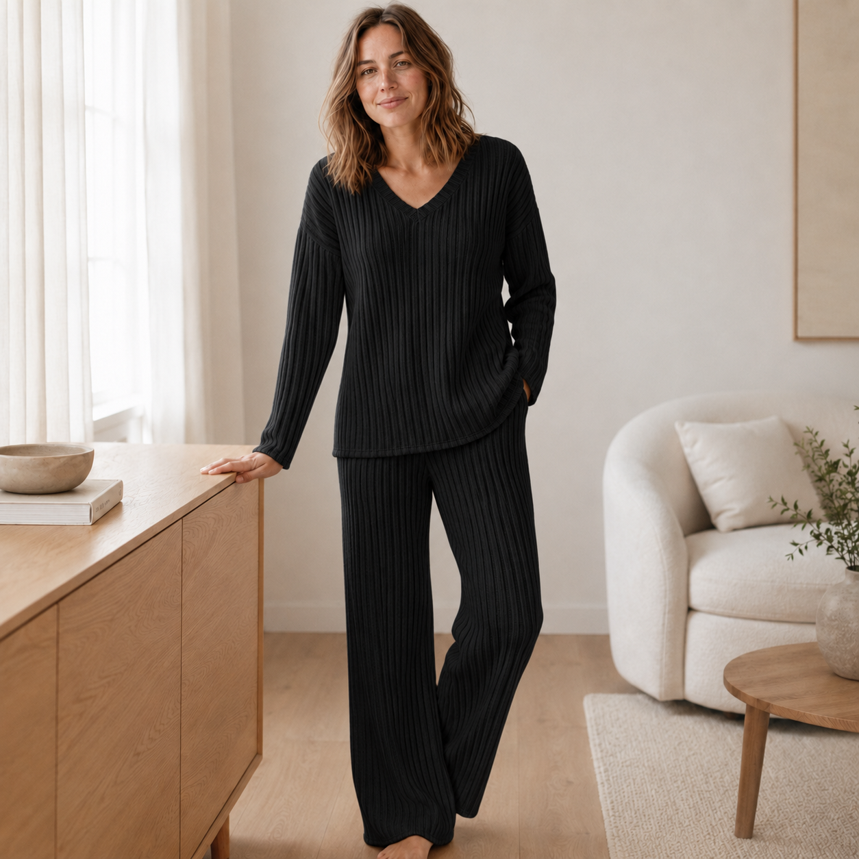 Loungewear-set Elin – Rib gebreid met V-hals