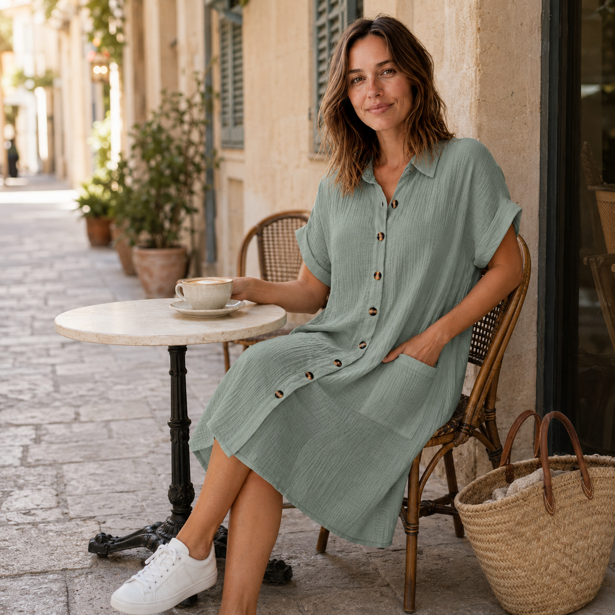Mousseline blousejurk Edda – Doorgeknoopt met zakken