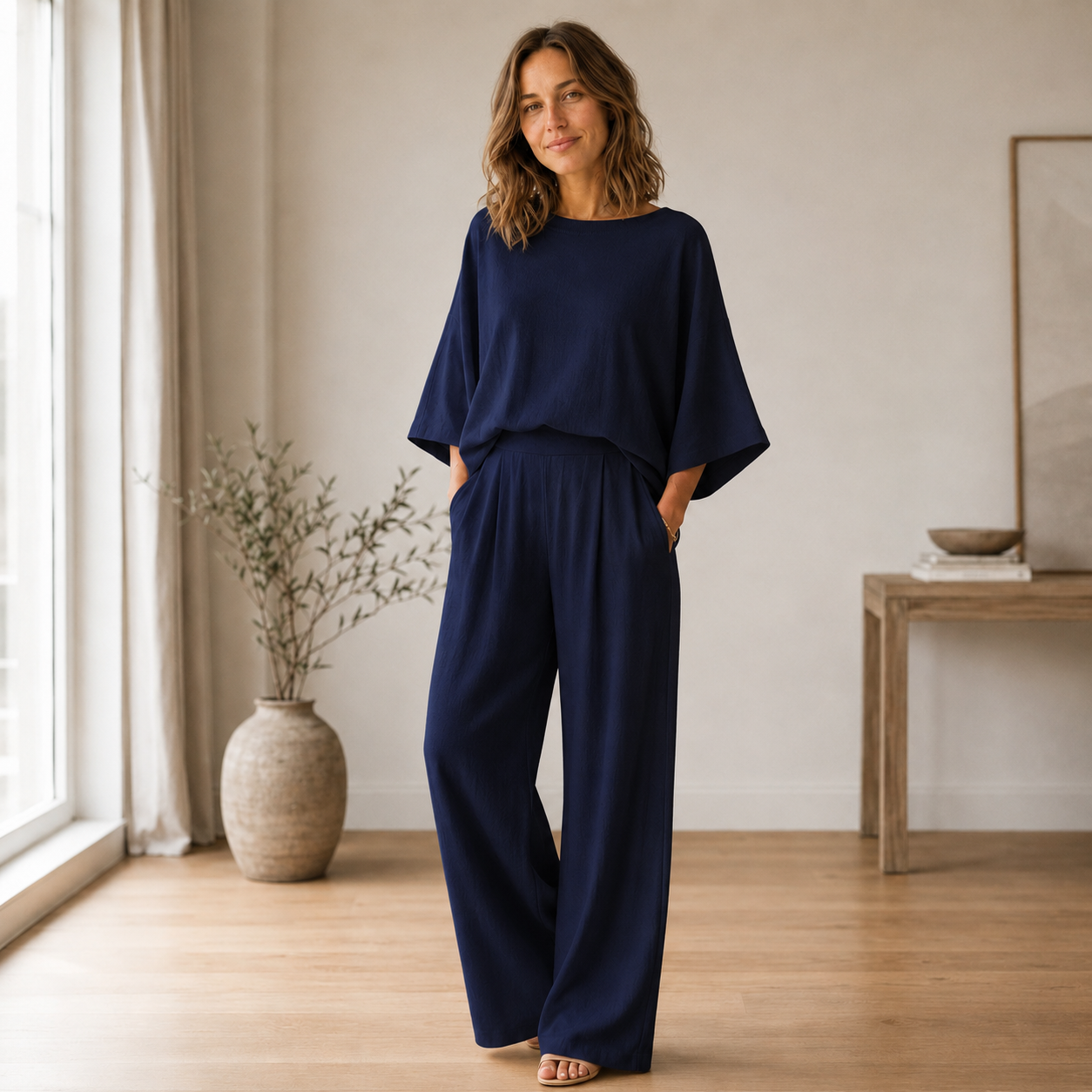 Loungewear-set Signe – Vloeiende blouse & wijde broek