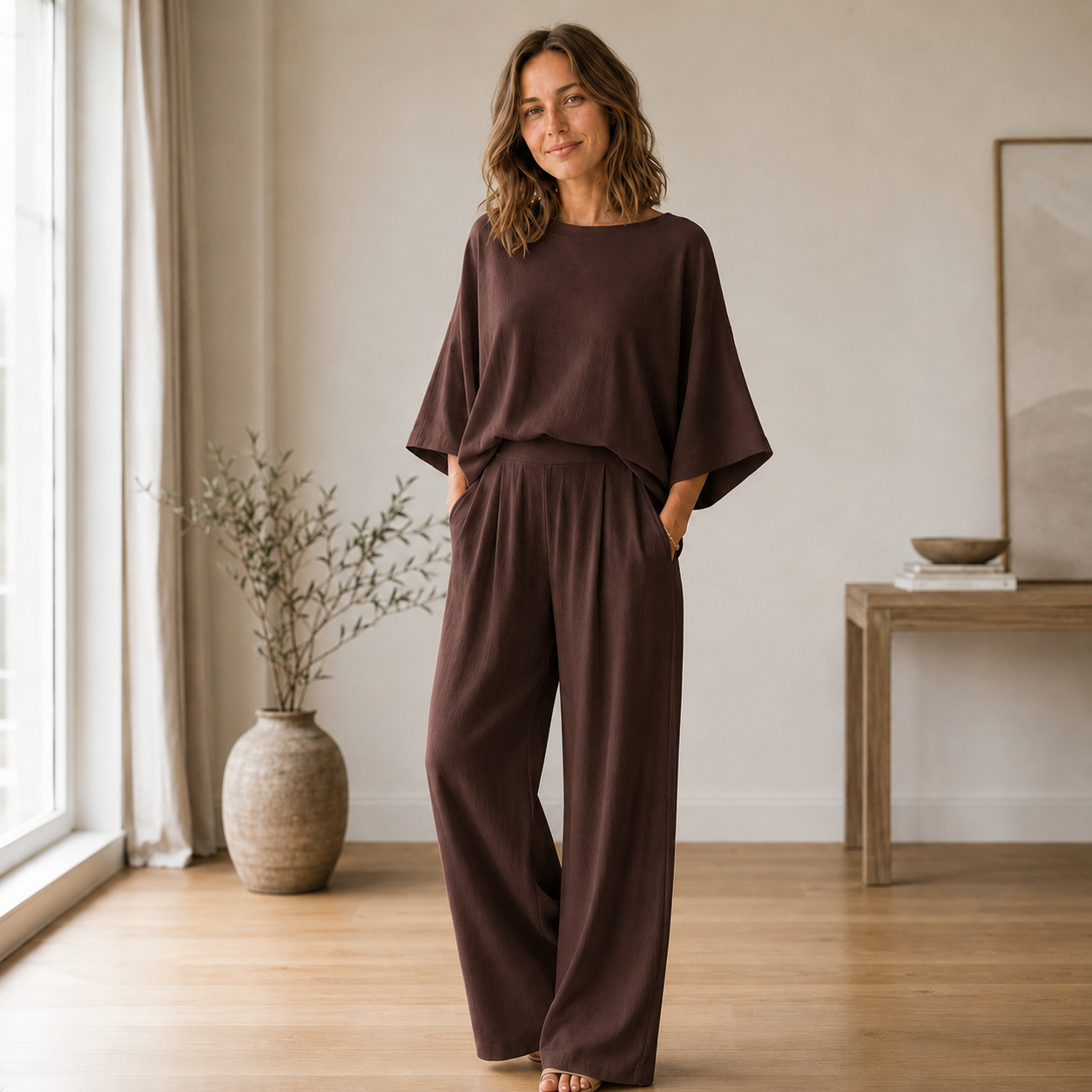 Loungewear-set Signe – Vloeiende blouse & wijde broek