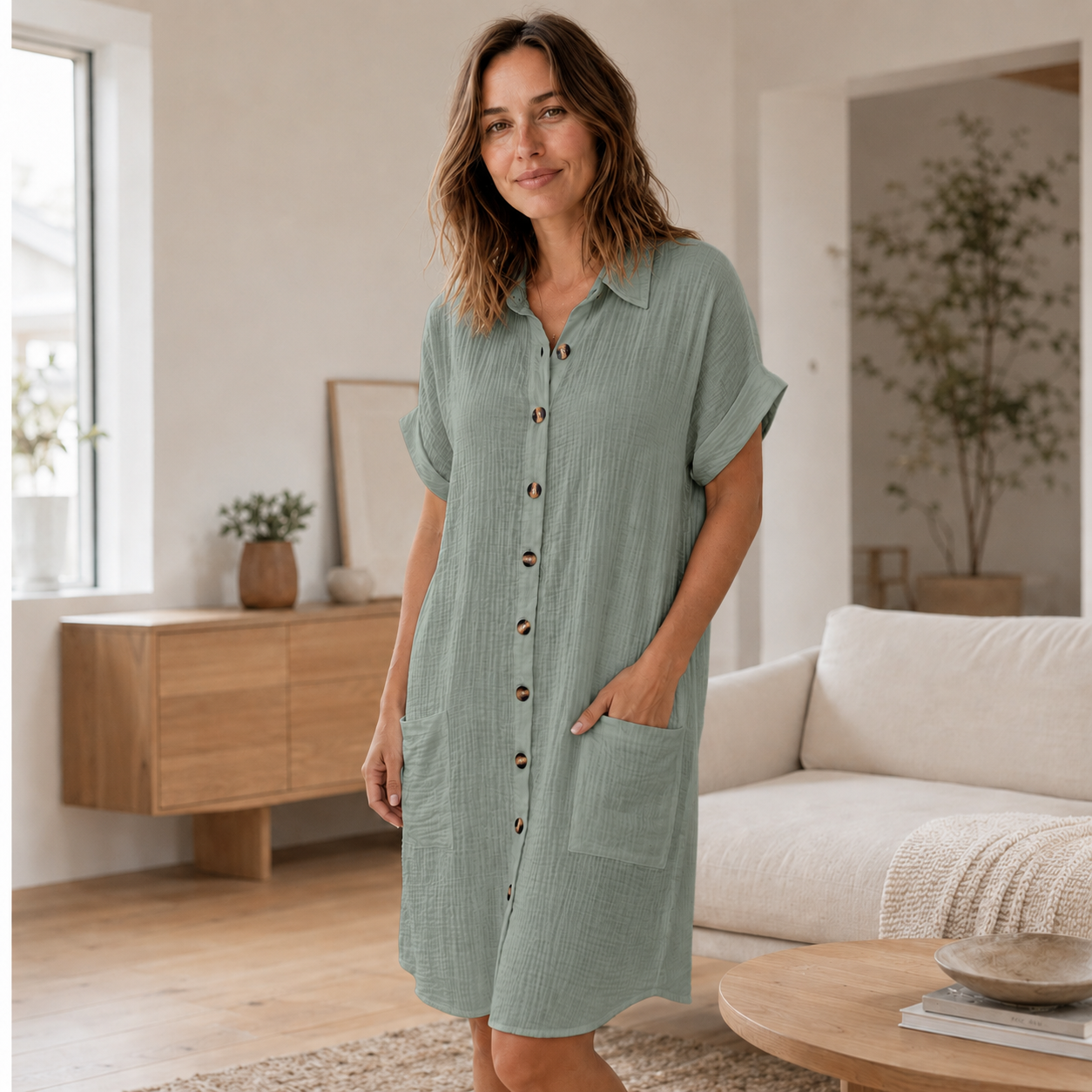 Mousseline blousejurk Edda – Doorgeknoopt met zakken