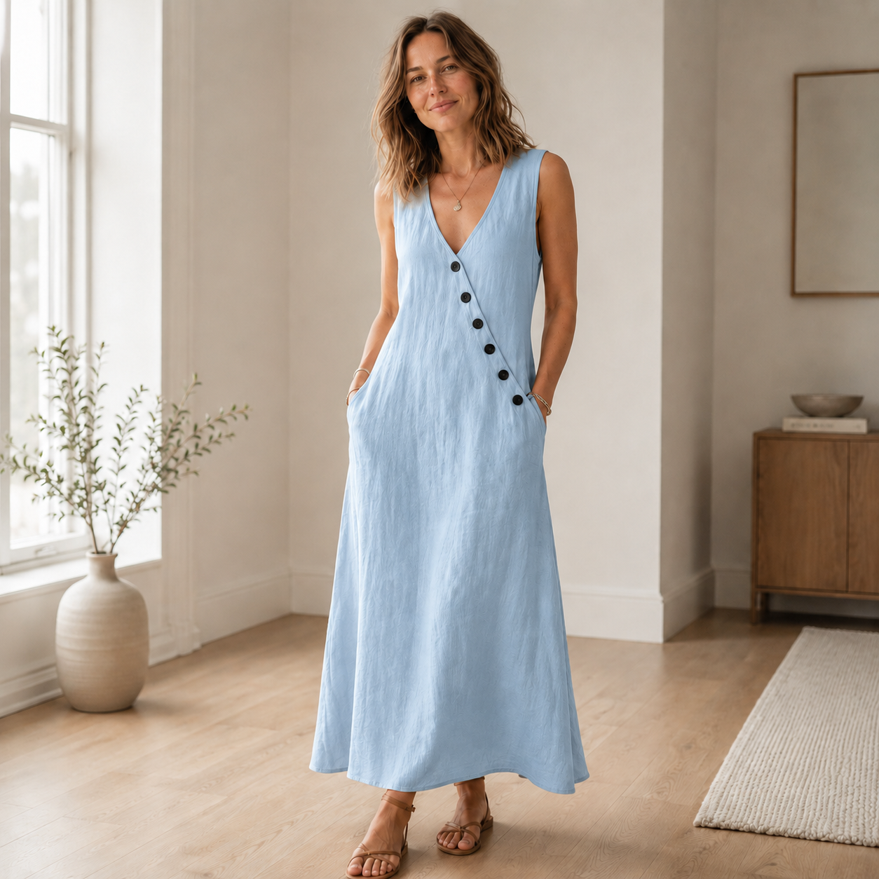 Maxi-jurk Ines – Mouwloos met diepe V-hals